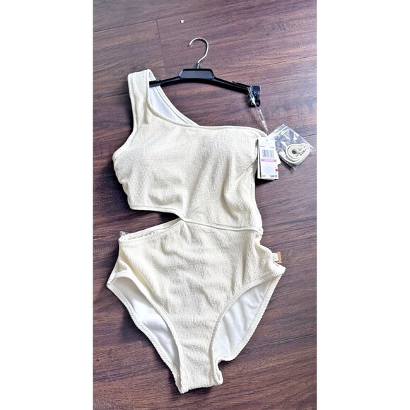 MICHAEL Michael Kors Women's Ribbed One-Shoulder Side-Cutout Swimsuit Ivory 8 - Picture 3 of 7